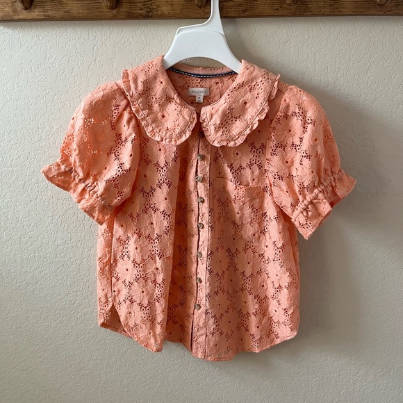 Pilcro Tops - Pilcro Keira Lace Blouse by Anthropologie Womens Coral Collar Puff Sleeve Top XS